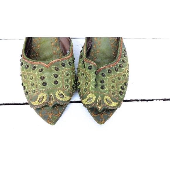 Vintage metallic embroidered beaded Indian flat mule faux suede sandals - Picture 3 of 7